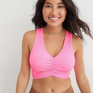 Aerie Ruched Front Seamless Bra Top Hot Pink Cropped Tank Bralette